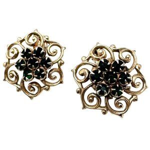 Vintage Gold-Tone Clip-On Earrings Greenish Black Rhinestones & Filigree Design